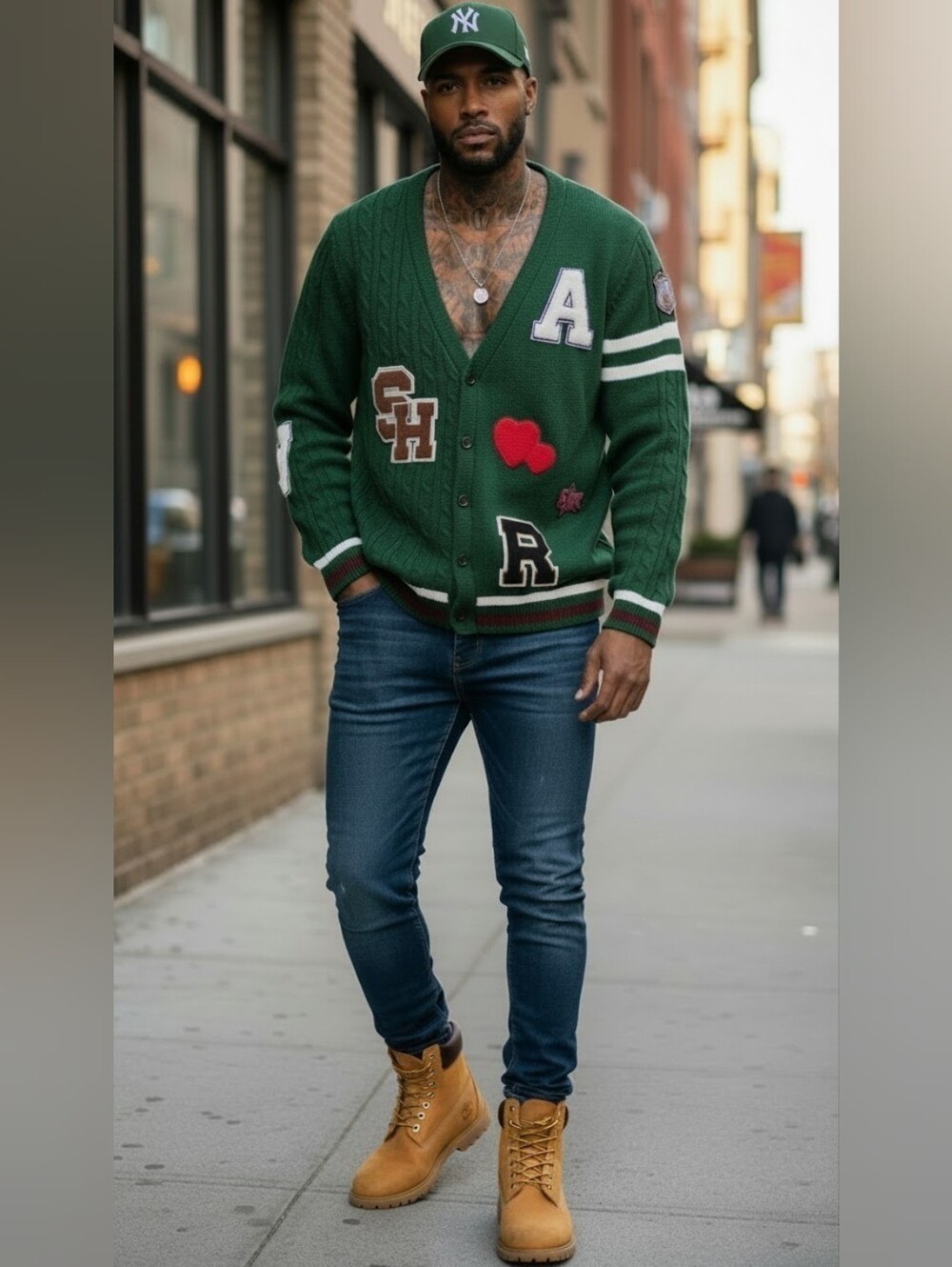 Manfinity Dark Green Varsity Patch Cardigan Letterman Knit Sweater Y2K XL